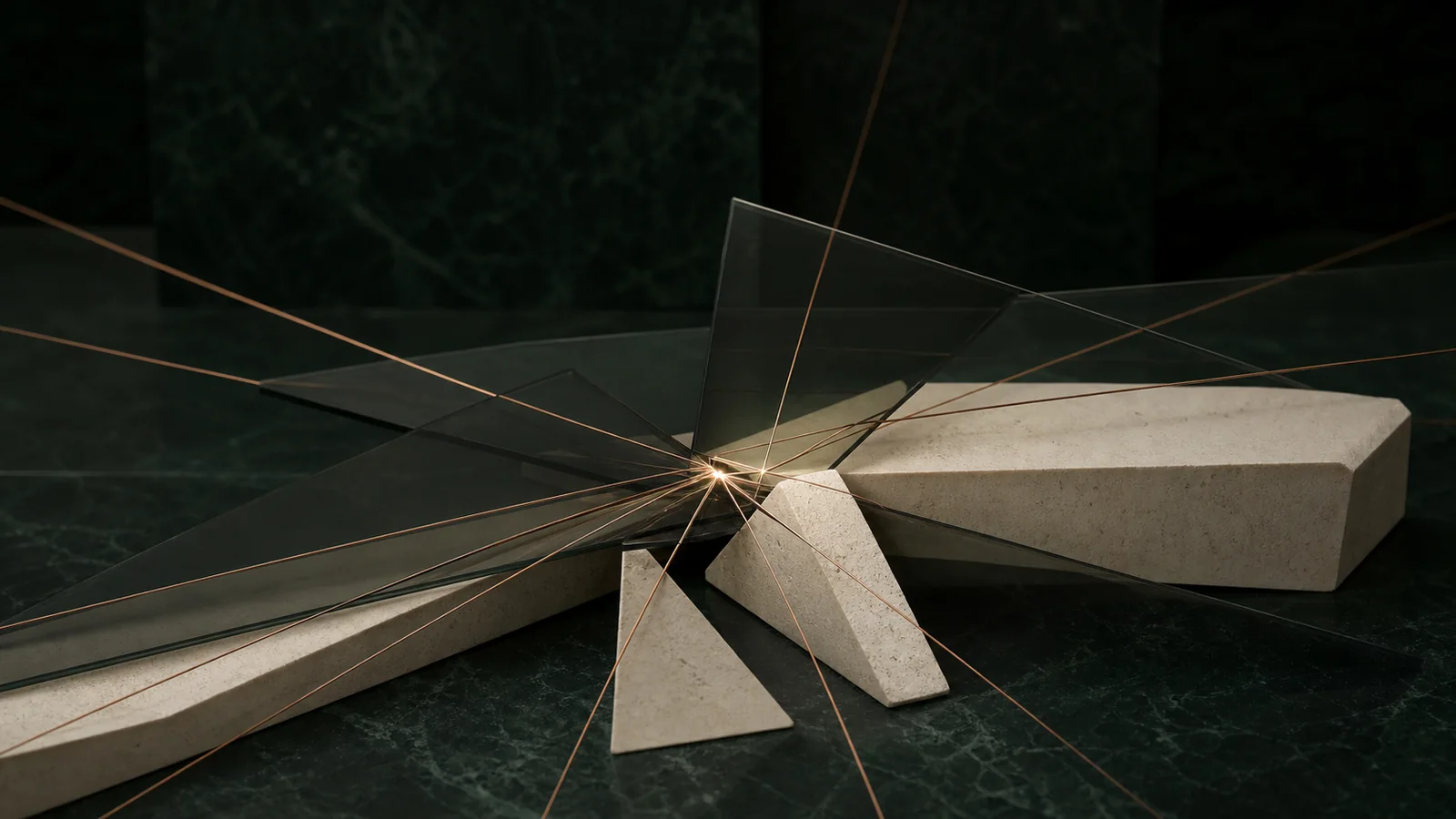 Limestone forms and copper lines converging at one illuminated point